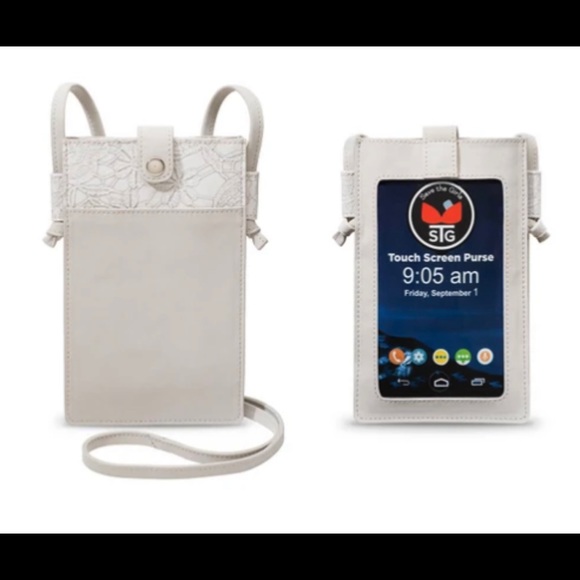 🤍NWT PERFECT TOUCH SCREEN CROSSBODY BAG VEGAN LEATHER GRAY w TOOLED DETAIL! - Picture 1 of 3